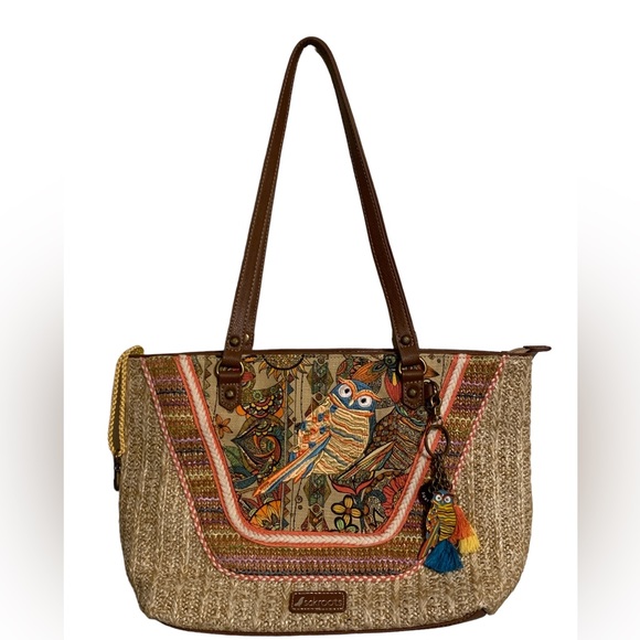Sakroots Bags Sakroots Straw Embroidered Owl Tote Shoulder Bag